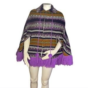 VINTAGE Poncho Full Zip Arm Holes Collar Purple Print Fringe Pom Poms One Size